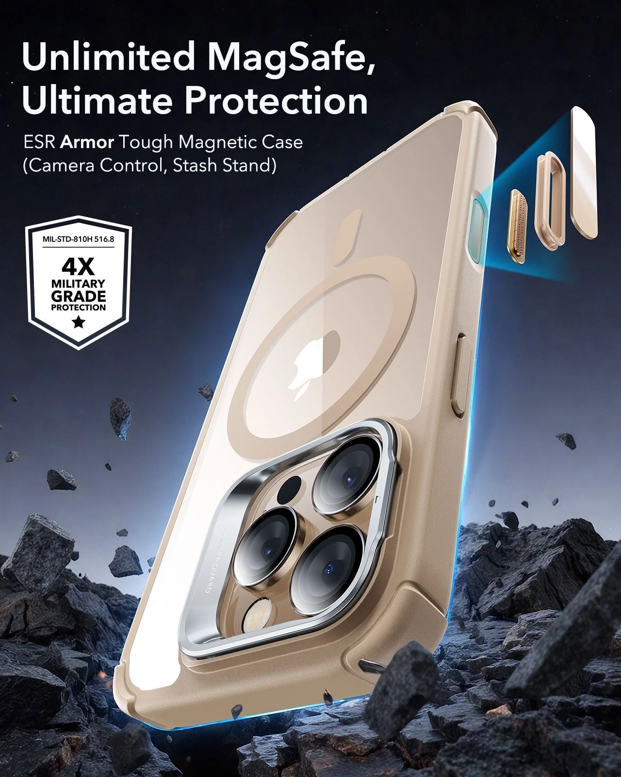 iPhone 16 Pro Max Armor Tough Magnetic Case (Camera Control, Stash Stand) - Desert Titanium - Image 2