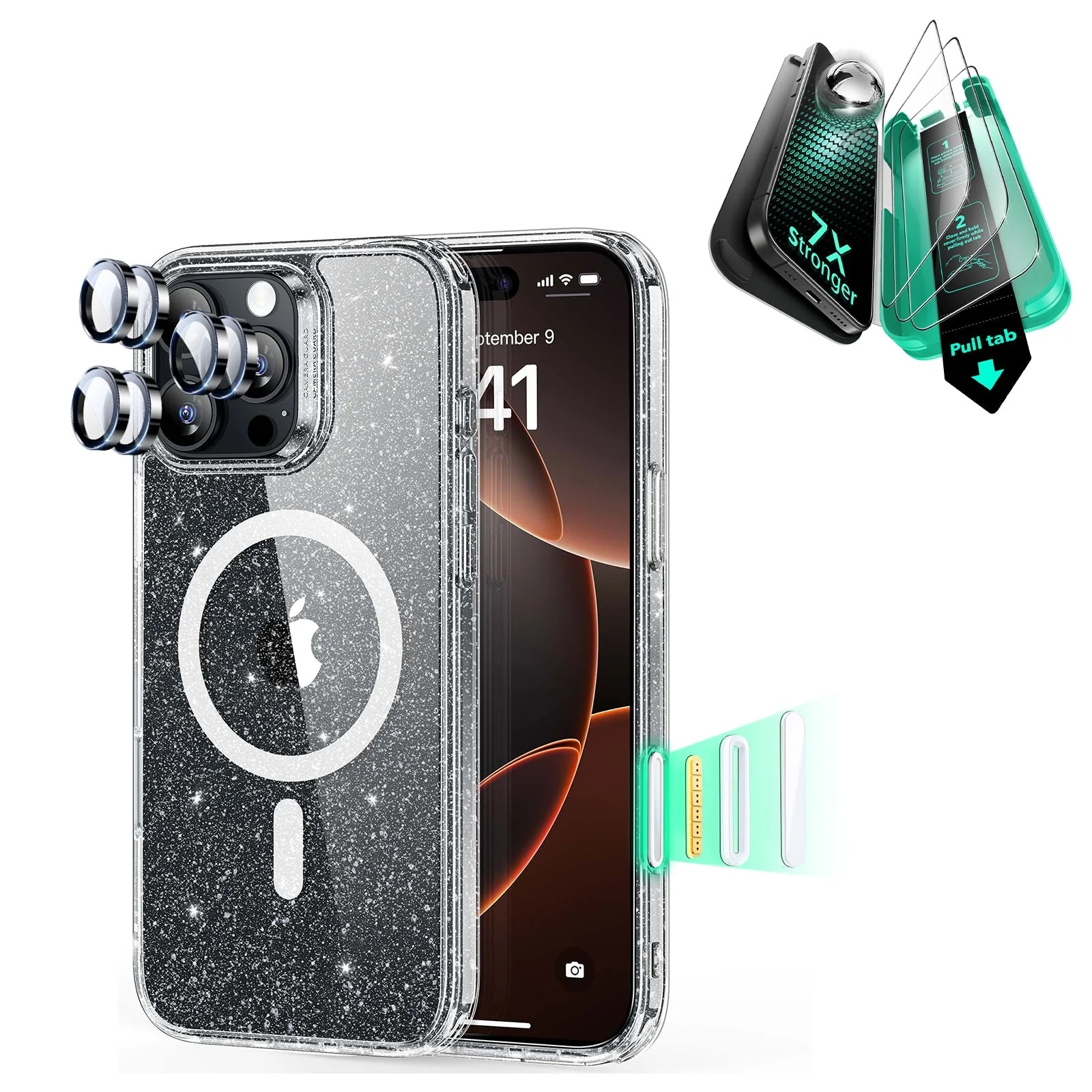 iPhone 16 Pro Max Classic Hybrid Magnetic Case (Camera Control) & Screen Protection Bundle - Clear Shimmer