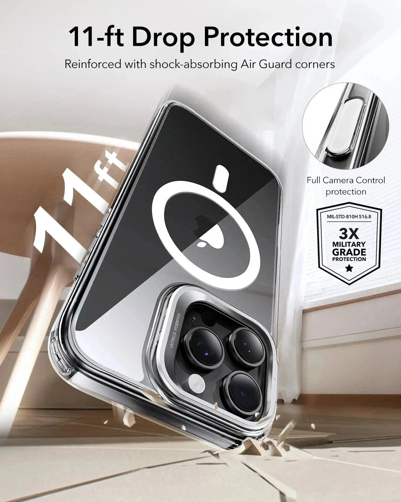 iPhone 16 Pro Max Classic Hybrid Magnetic Case (Camera Control, Stash Stand) & Privacy Screen Protector Bundle - Clear Grey - Image 6