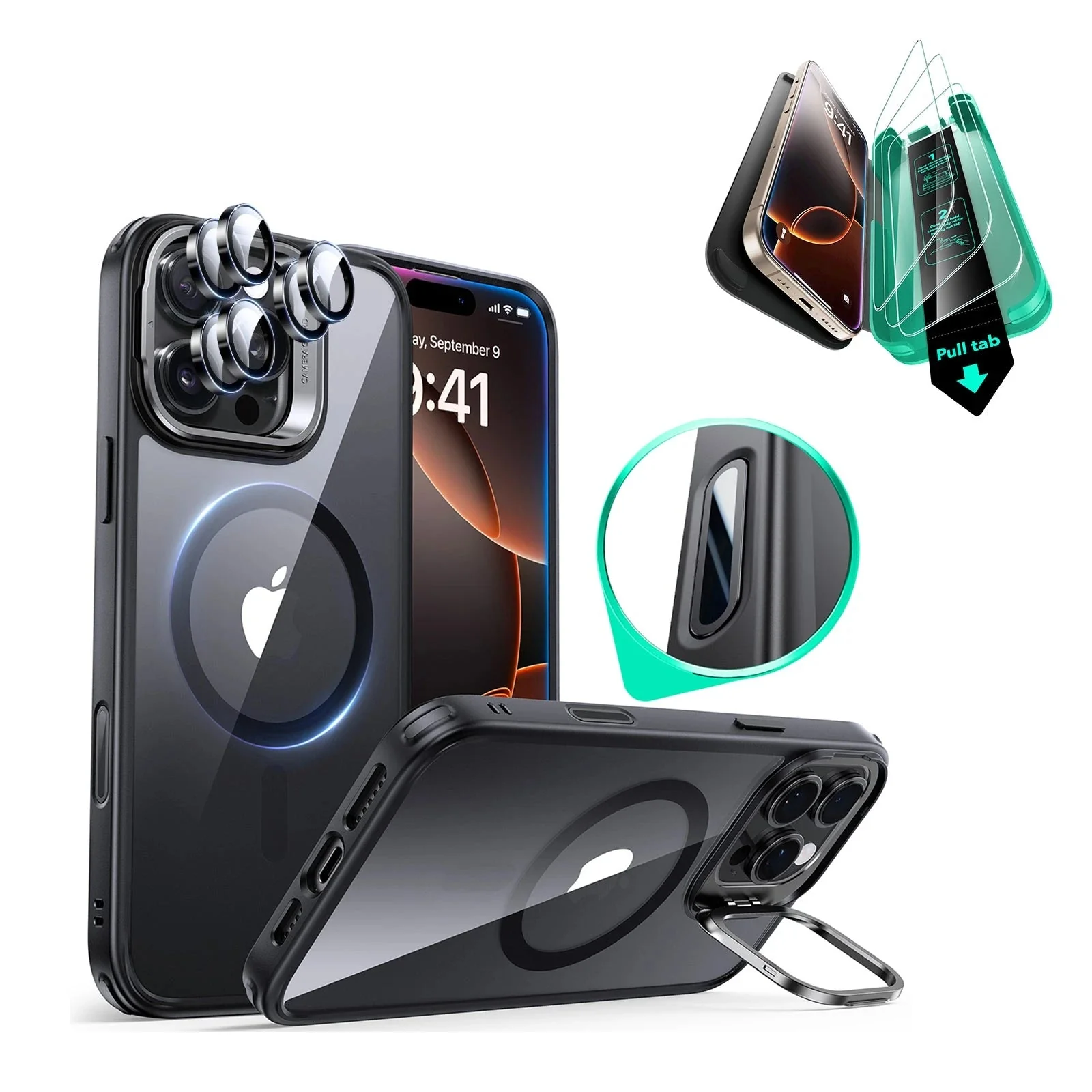 iPhone 16 Pro Max Classic Hybrid Magnetic Case Protection Bundle (Camera Control, Stash Stand) - Clear Black