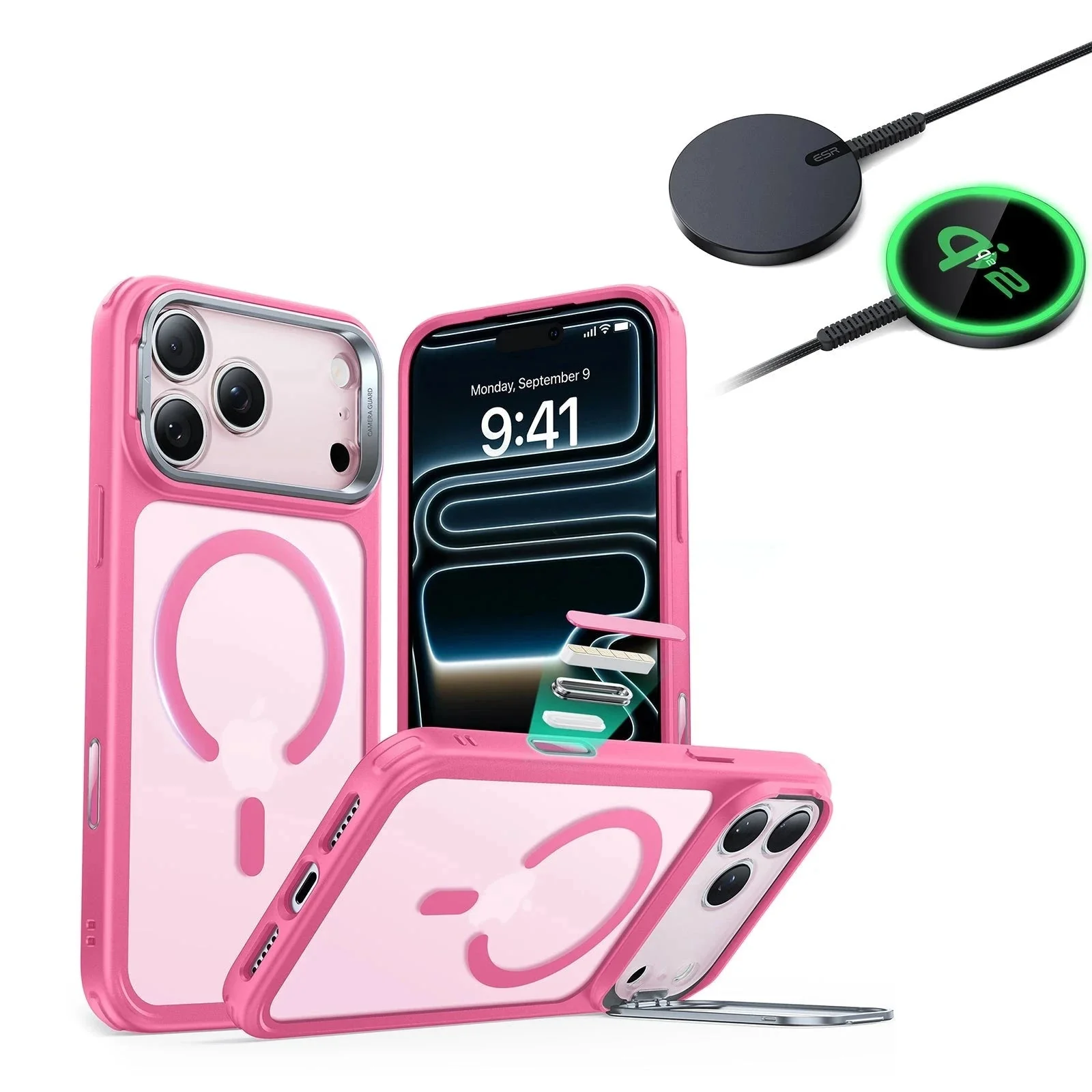 iPhone 17 Pro Max Bundle Classic Hybrid Magnetic Case (Camera Control, Stash Stand) and Magnetic Charging Pad (Qi2) - Frosted Pink