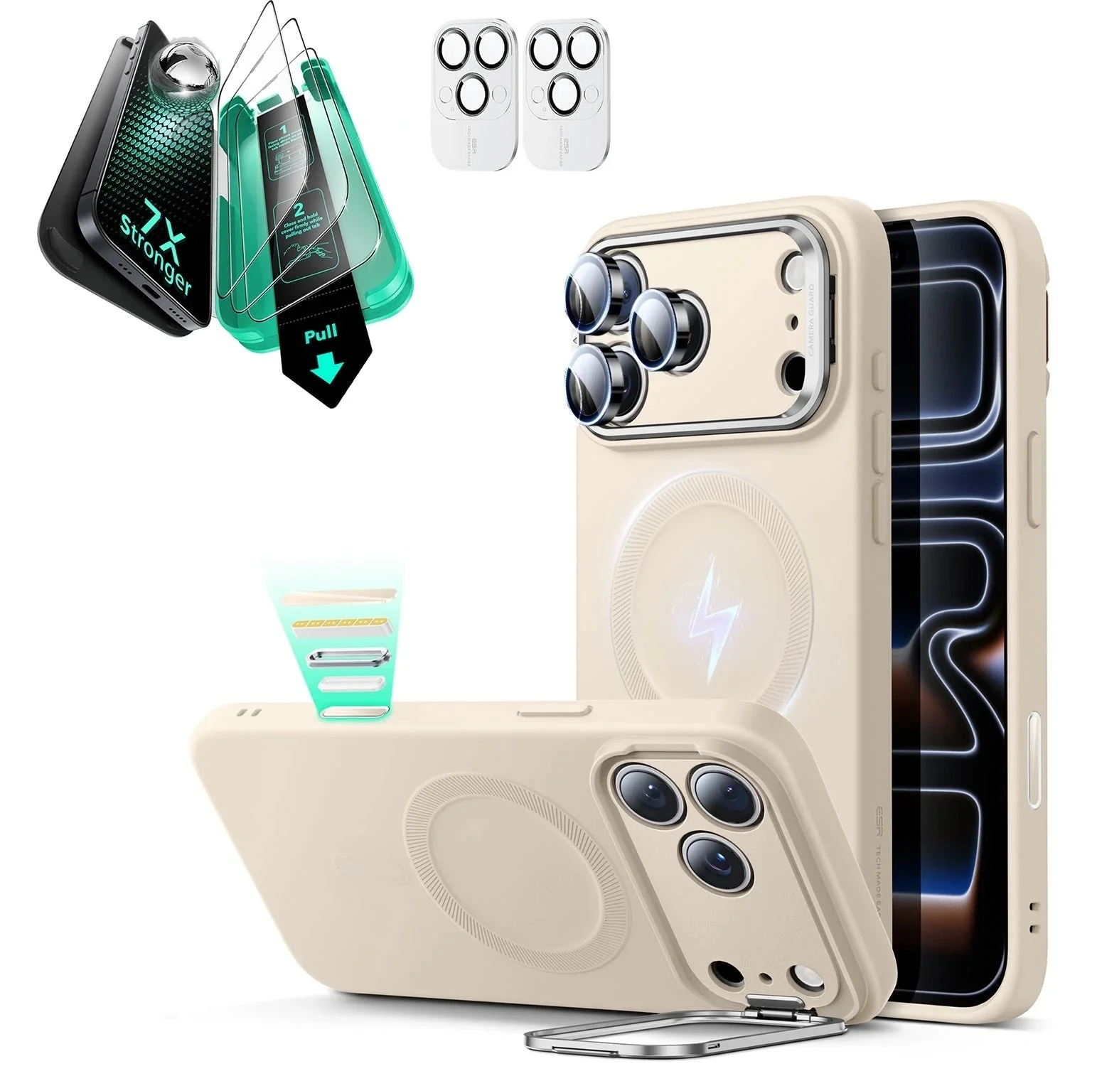 iPhone 17 Pro Max Cloud Soft Magnetic Case (Camera Control, Stash Stand) Armorite Protection Bundle - Light Tan