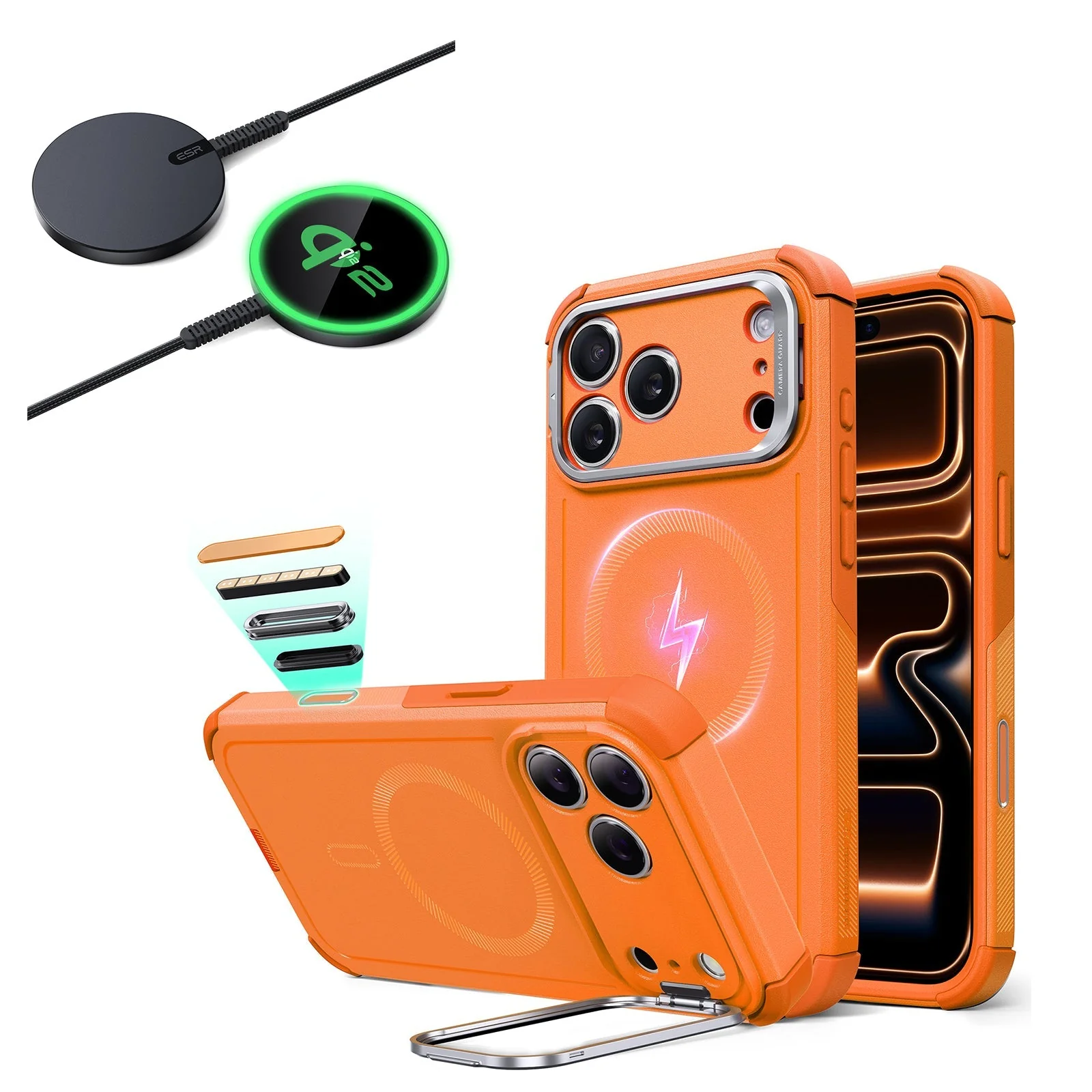 iPhone 17 Pro Max Bundle Cyber Tough Magnetic Case (Camera Control, Stash Stand) and Magnetic Charging Pad (Qi2) - Orange