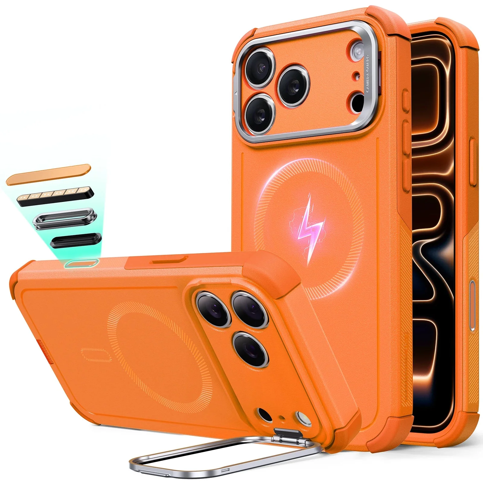 iPhone 17 Pro Cyber Tough Magnetic Case (Camera Control, Stash Stand) - Orange
