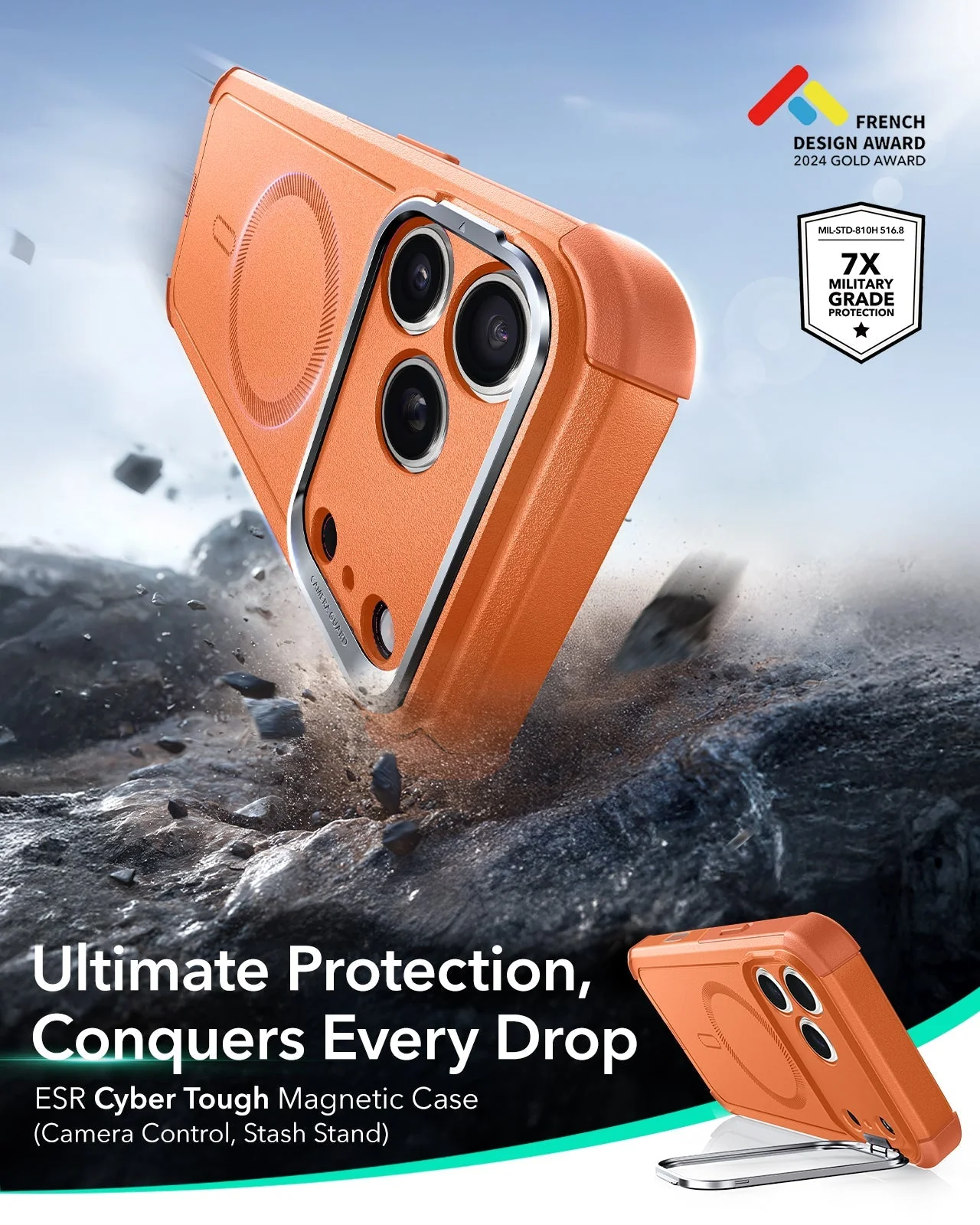 iPhone 17 Pro Cyber Tough Magnetic Case (Camera Control, Stash Stand) - Orange - Image 2