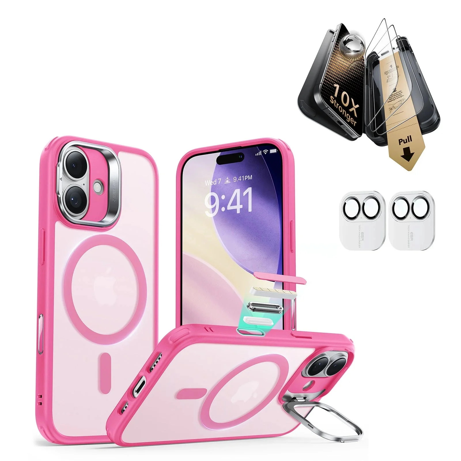 iPhone 17 Bundle Classic Hybrid Magnetic Case (Camera Control, Stash Stand) and Armorite Pro Screen Protector - Frosted Pink