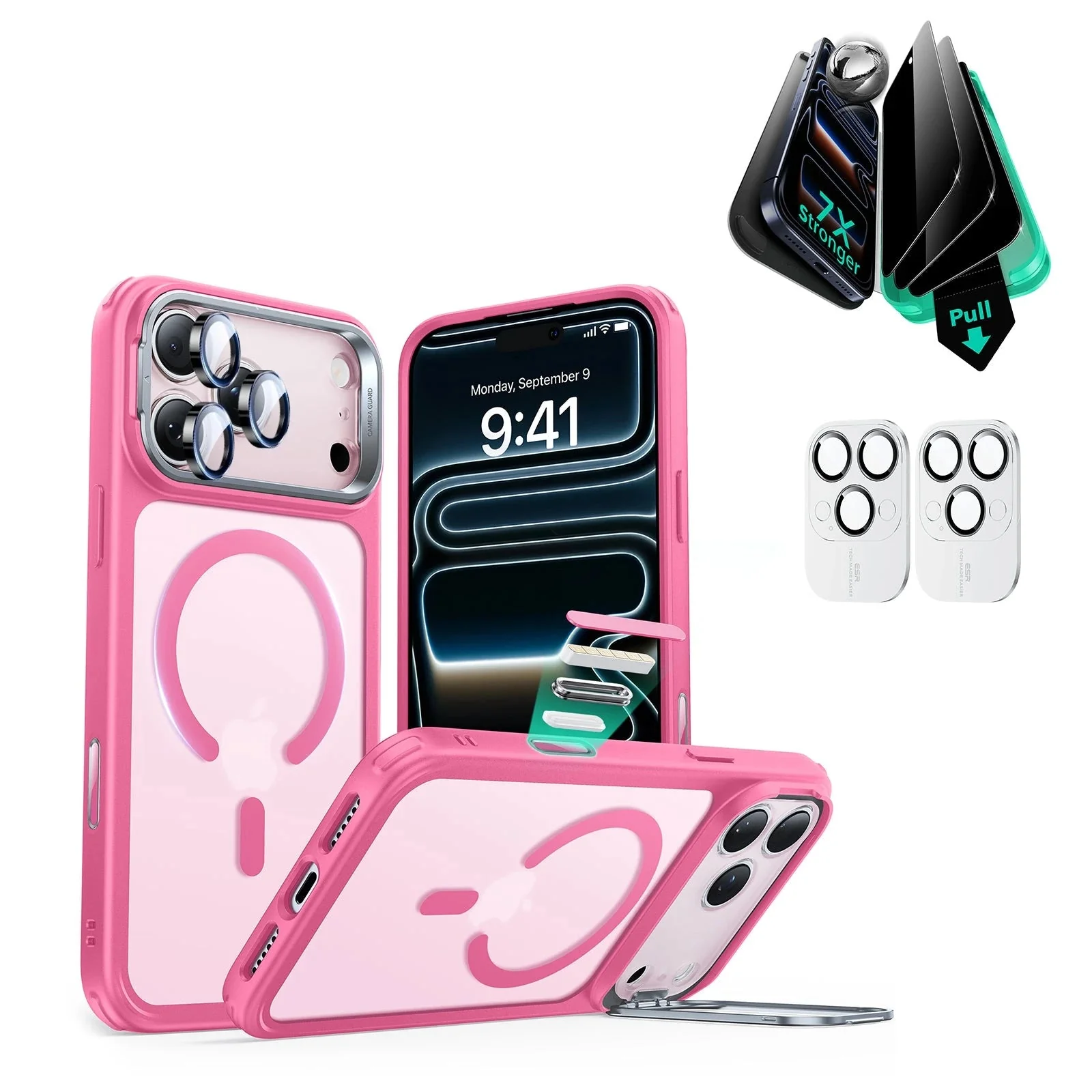 iPhone 17 Pro Max Bundle Classic Hybrid Magnetic Case (Camera Control, Stash Stand) and Armorite Privacy Screen Protector - Frosted Pink