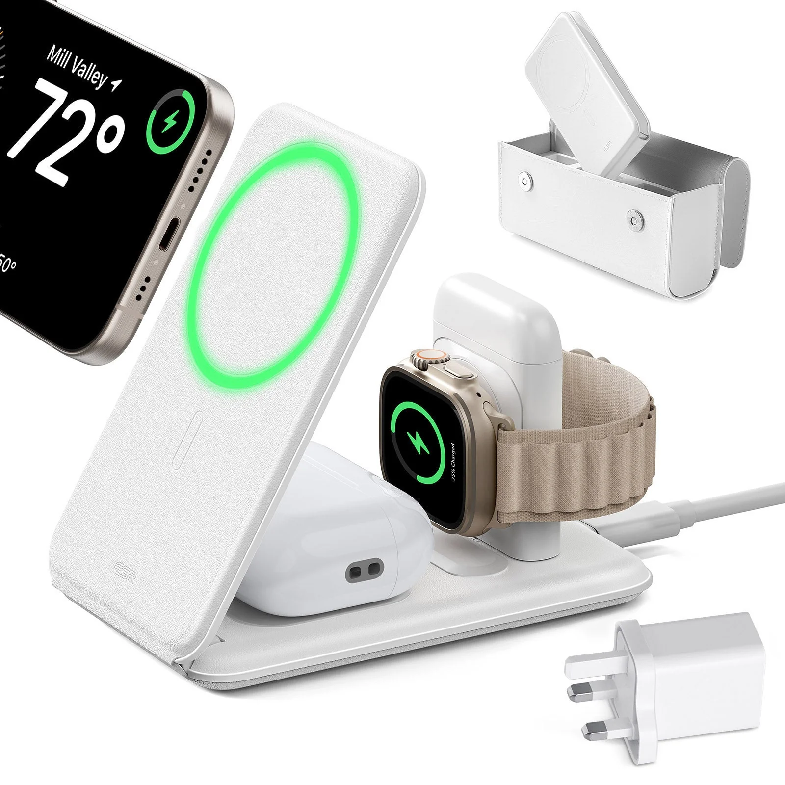 15W 3-in-1 Travel Wireless Charging Set (Bag Included) - White - UK Plug