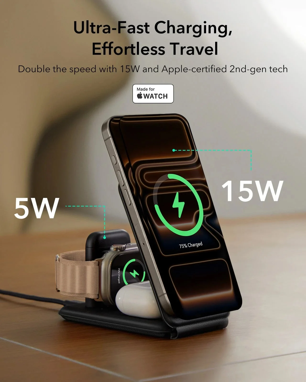 15W 3-in-1 Travel Wireless Charging Set - Black - EU Plug - Image 7