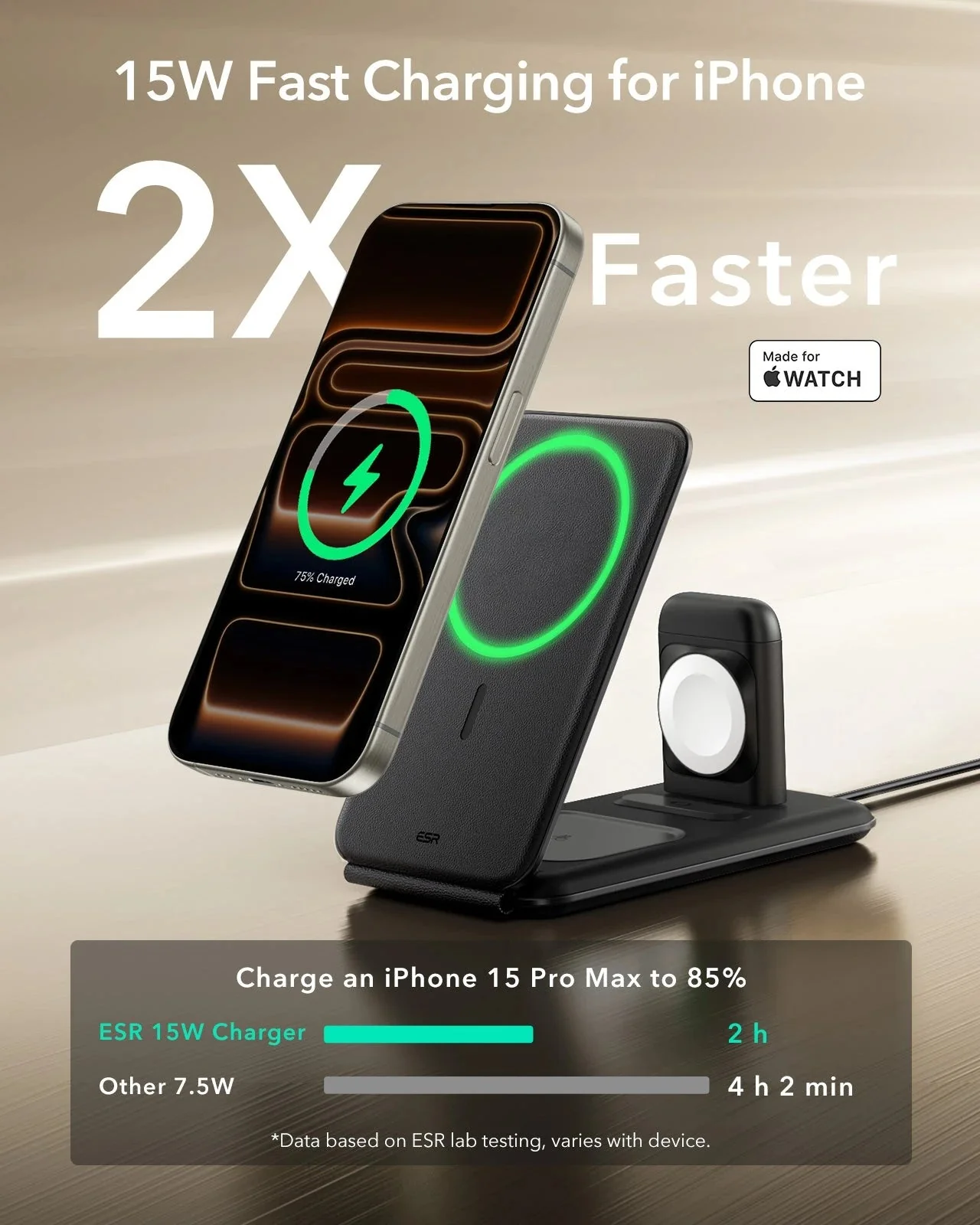 15W 3-in-1 Travel Wireless Charging Set - Black - EU Plug - Image 8