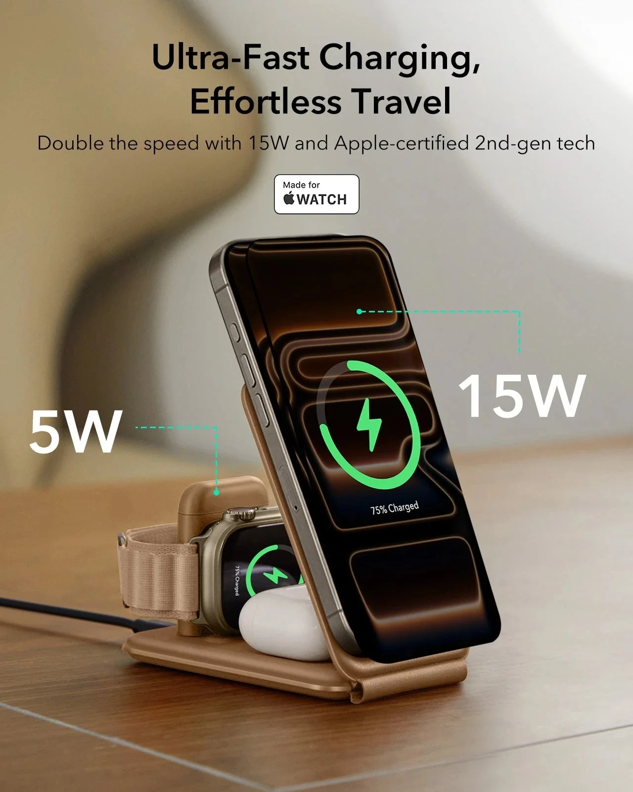 15W 3-in-1 Travel Wireless Charging Set - Black - UK Plug - Image 8