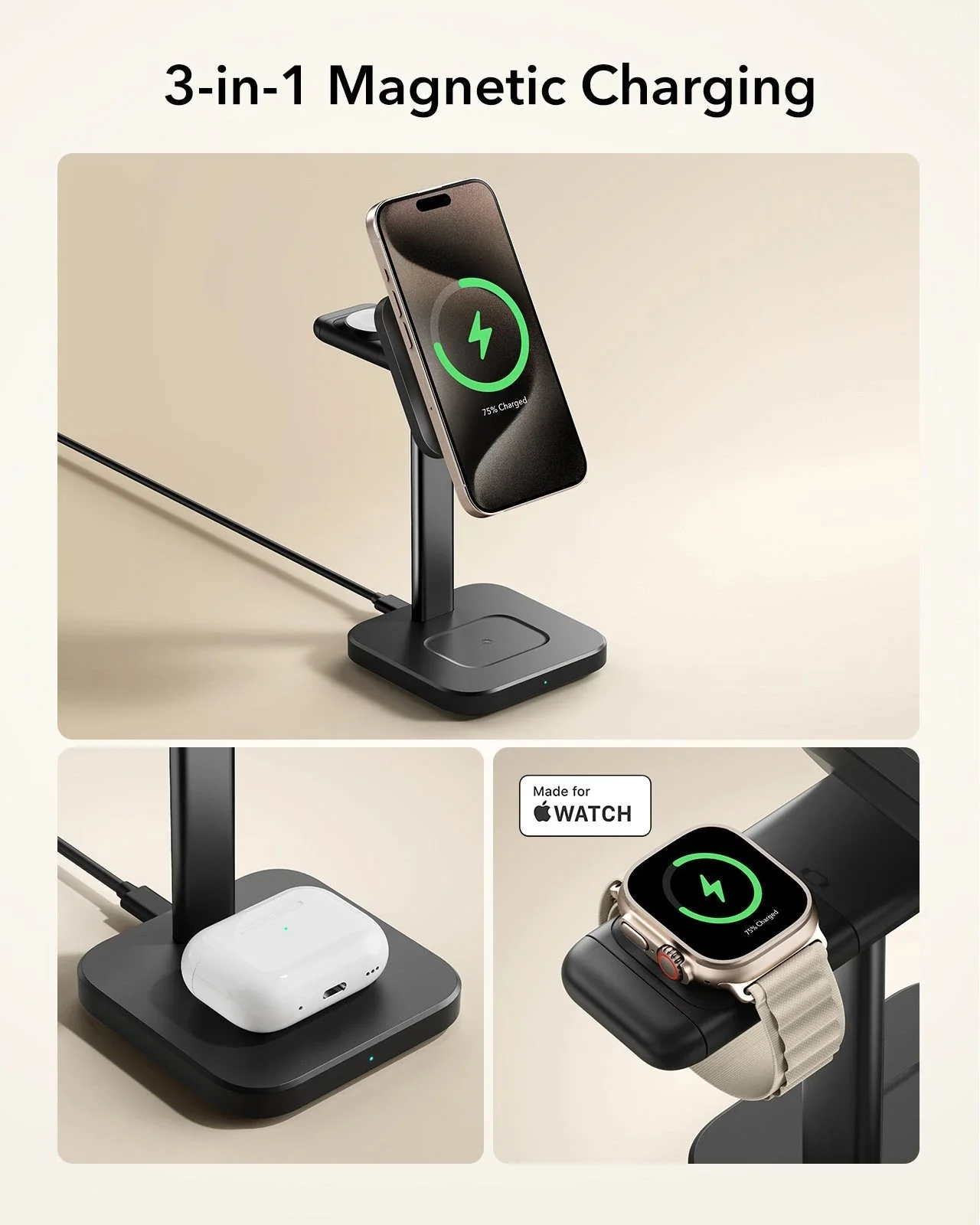 3-in-1 Magnetic Charging Station (15W) - Black - UK PLUG - Image 7