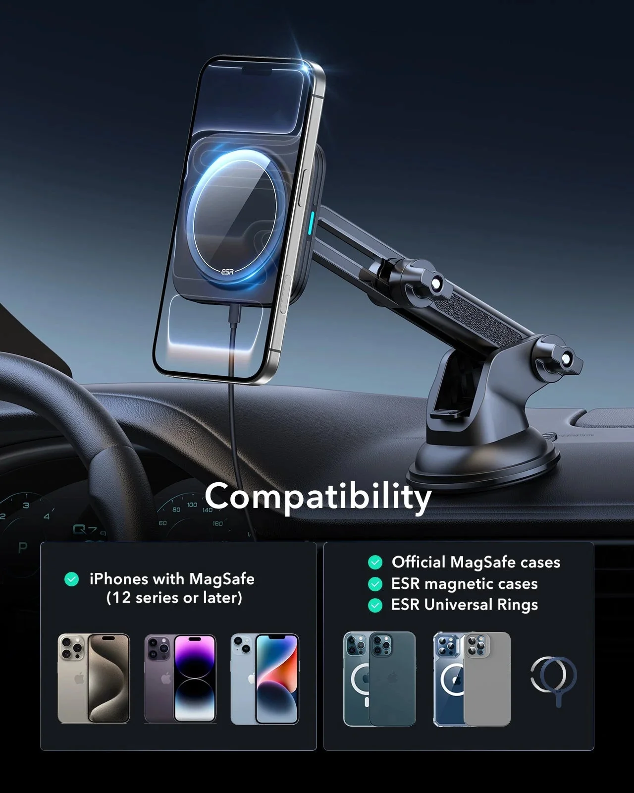 15W Dashboard Wireless Car Charger (HaloLock) - Black - Image 5