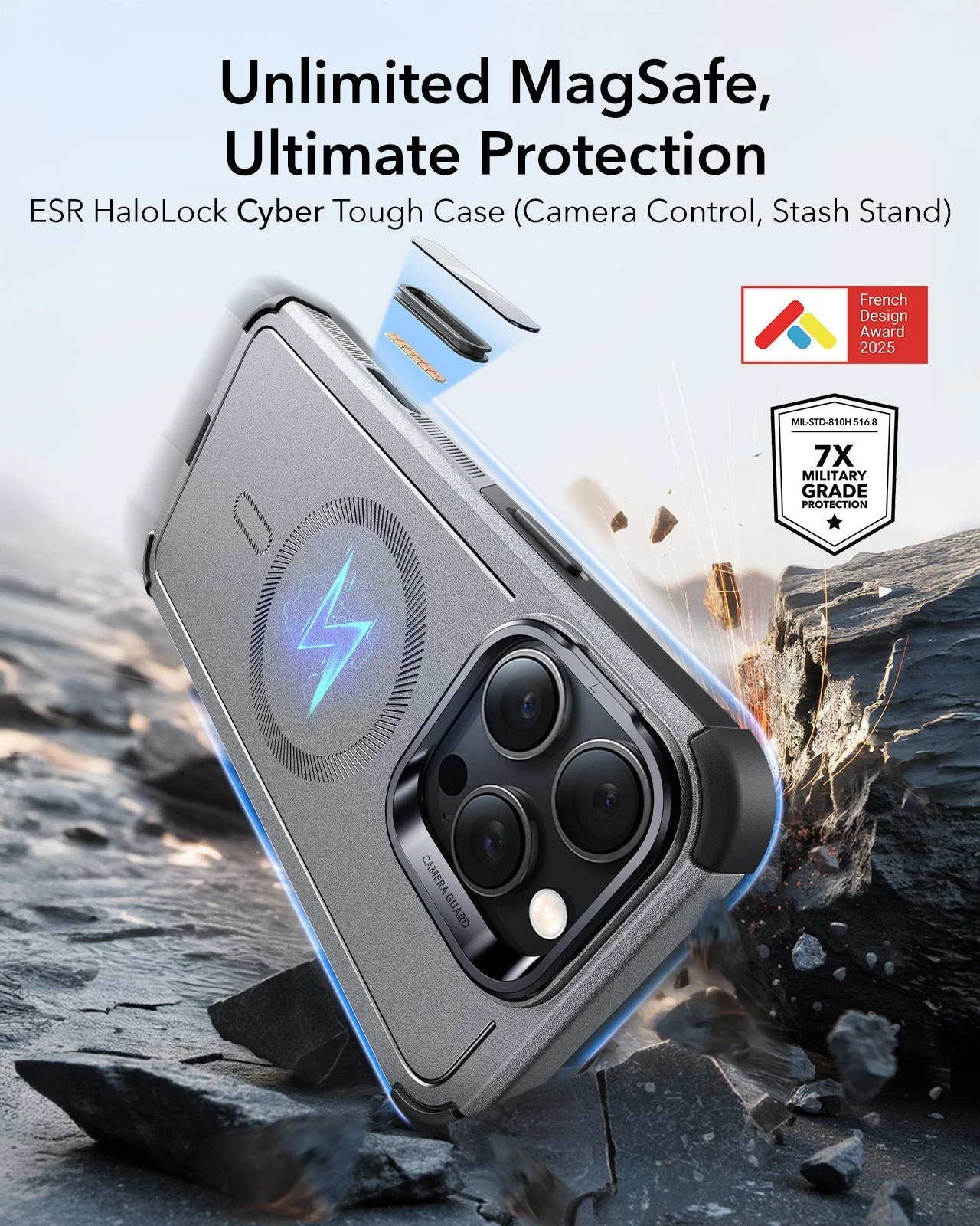 iPhone 16 Pro Max Cyber Tough Magnetic Case (Camera Control, Stash Stand) - Titanium - Image 2